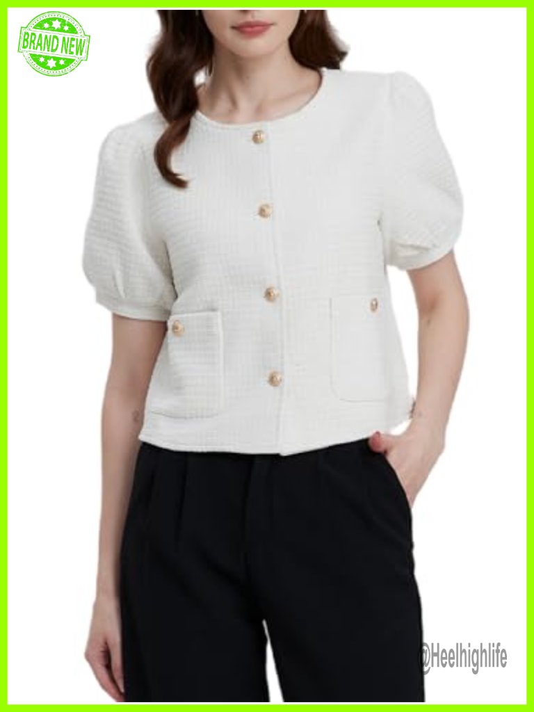 Cropped Tweed Blazer Jacket Short Sleeve Puff Sleeve Collarless Work Suit With